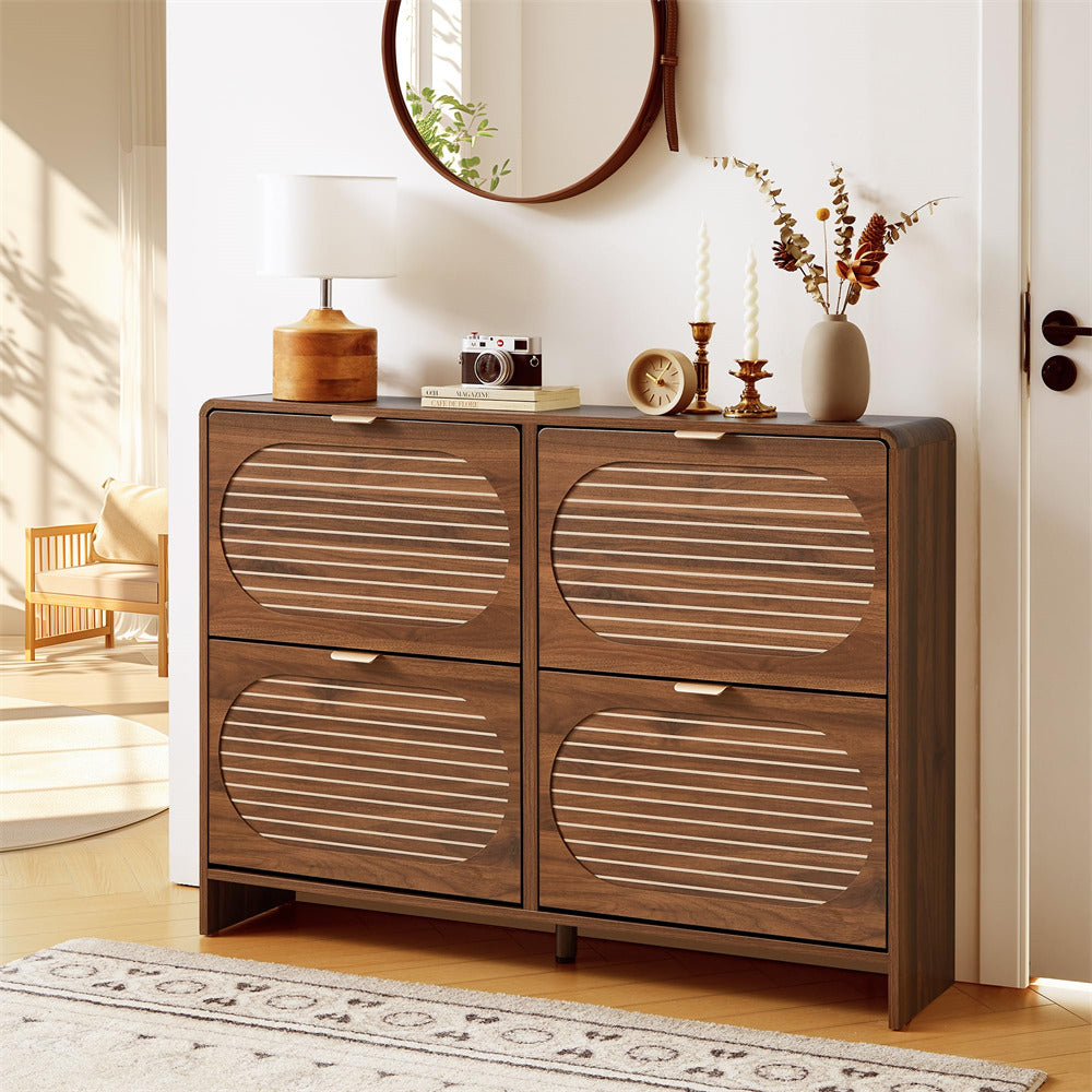 Wooden cabinet with decorative items in a room setting