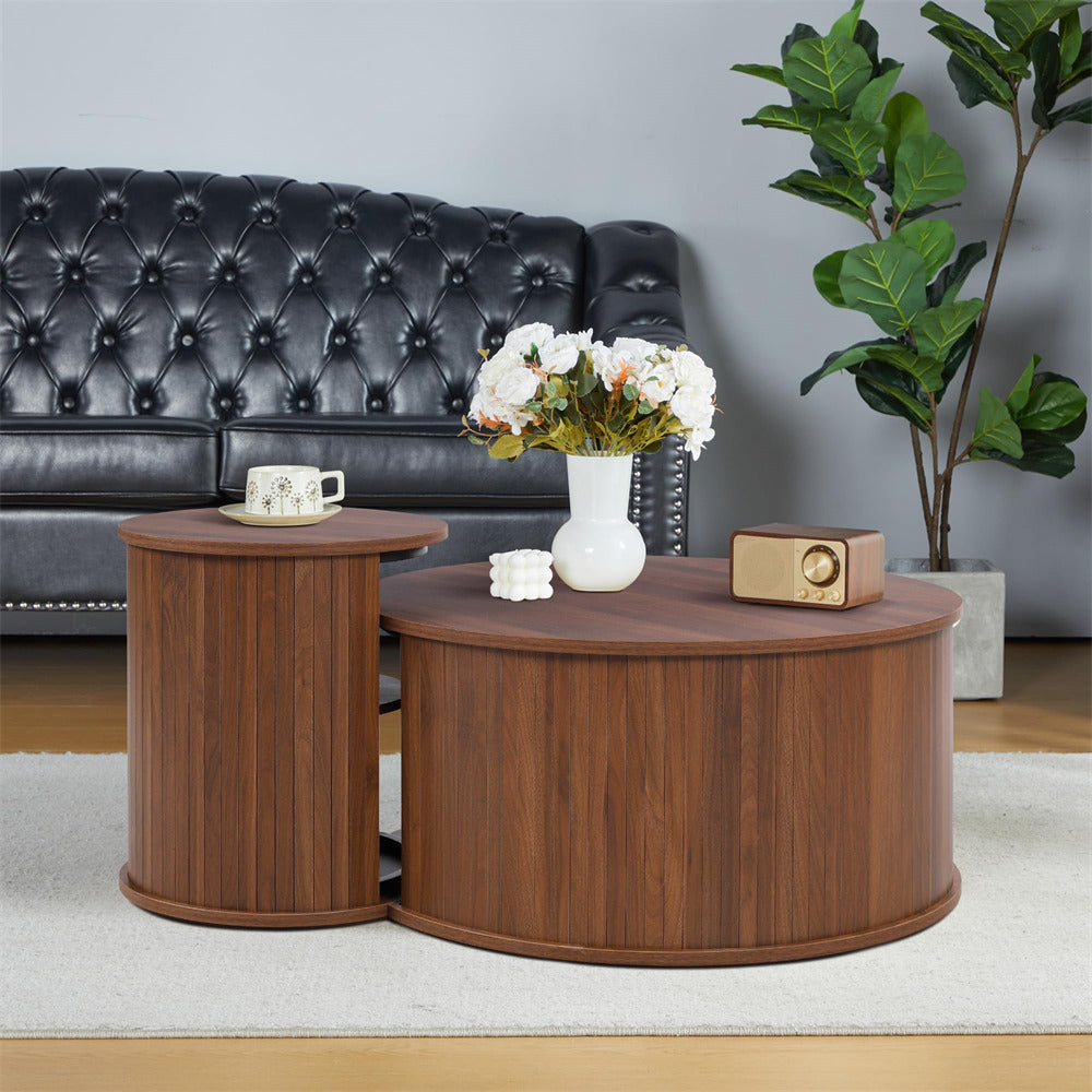 Walnut Nesting Coffee Table Set of 2 Circle Side Table Wooden Coffee Table