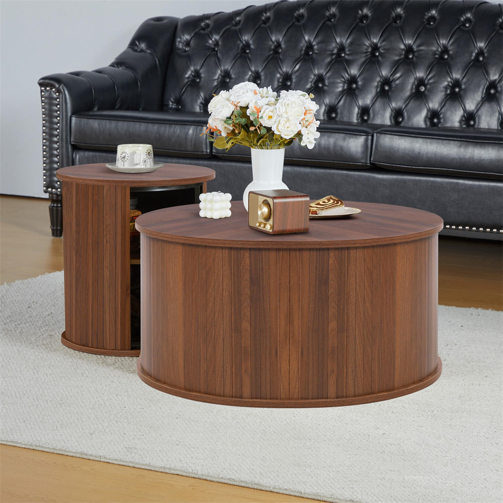 Walnut Nesting Coffee Table Set of 2 Circle Side Table Wooden Coffee Table