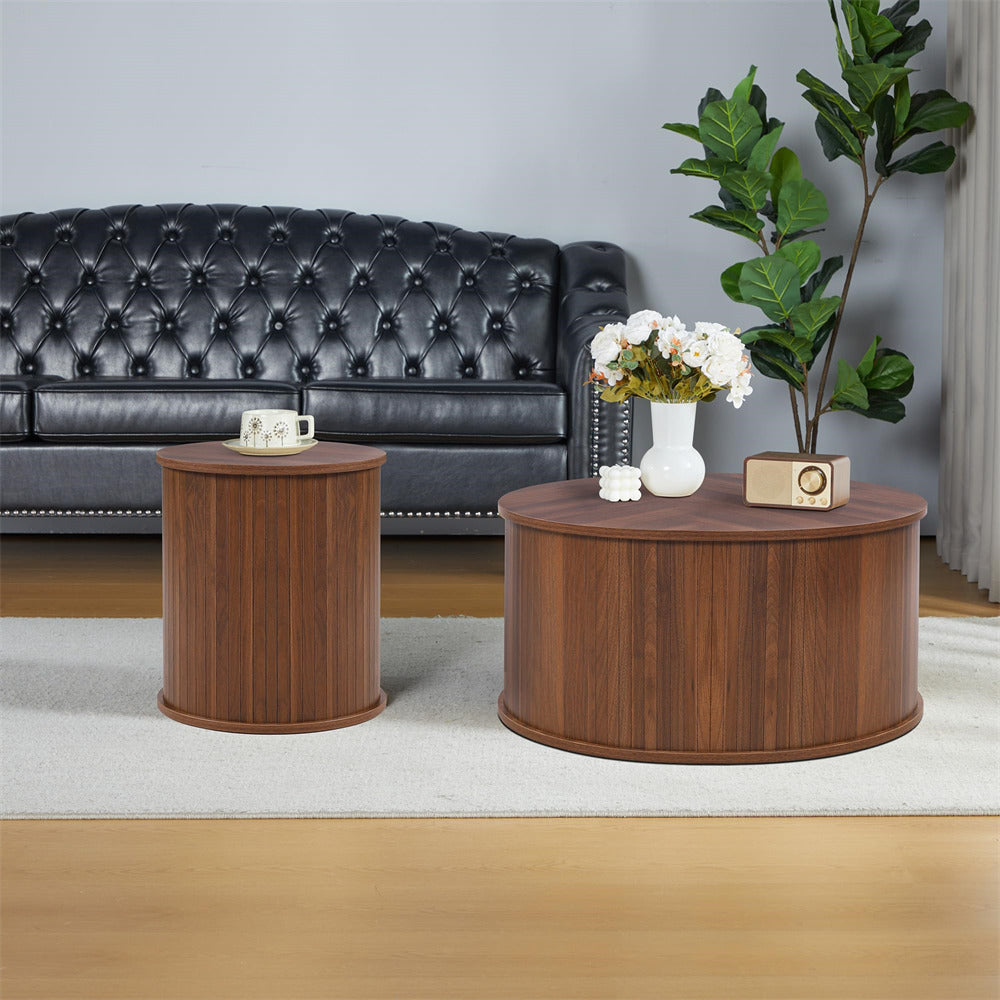 Walnut Nesting Coffee Table Set of 2 Circle Side Table Wooden Coffee Table