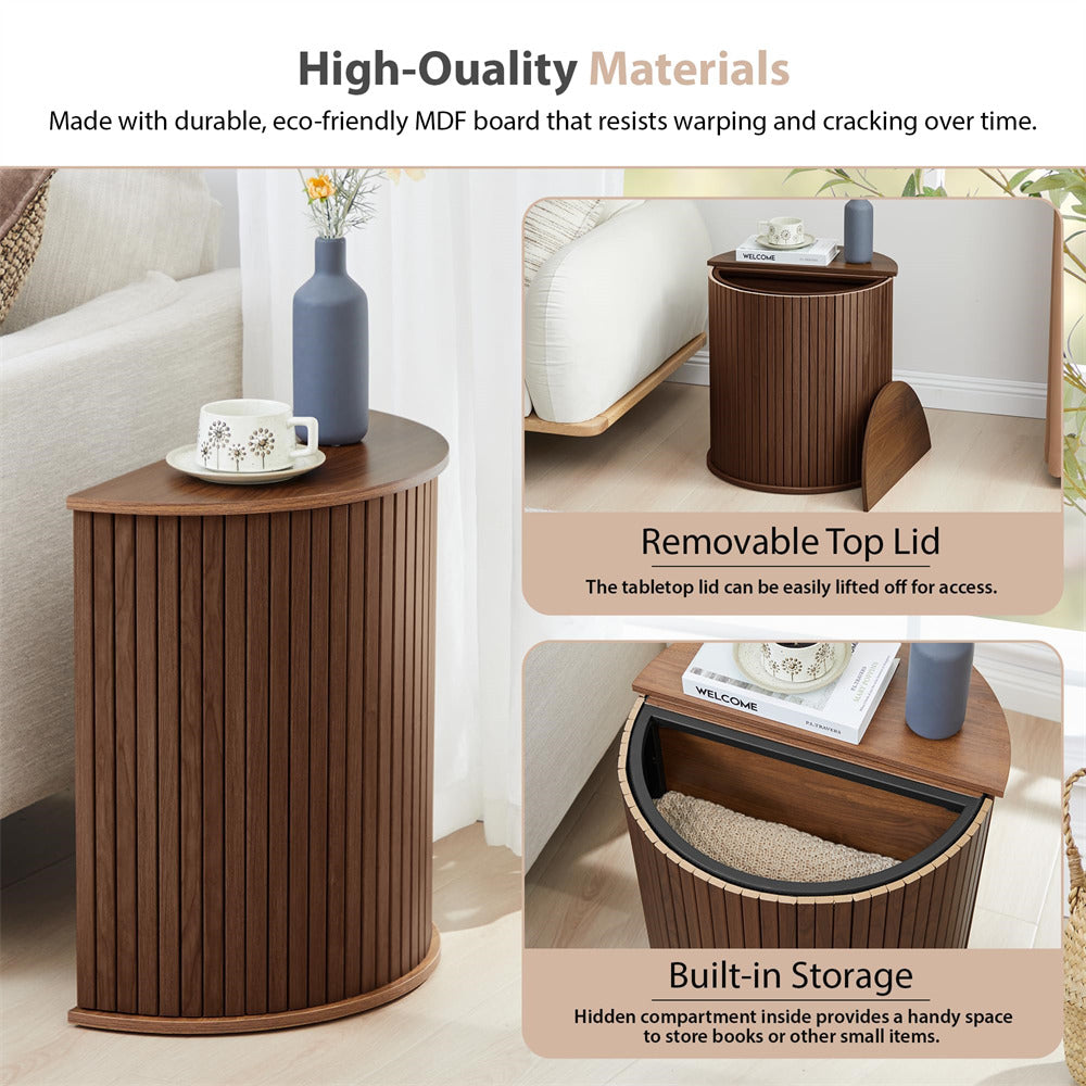 Wooden side table with a removable top lid and built-in storage compartment, shown in a living room setting.