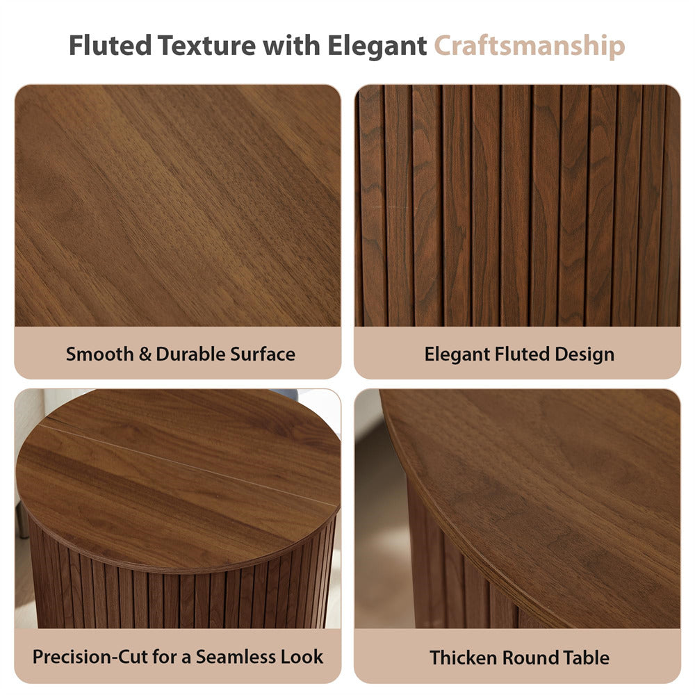 Wooden table with fluted texture and elegant craftsmanship, shown from different angles.