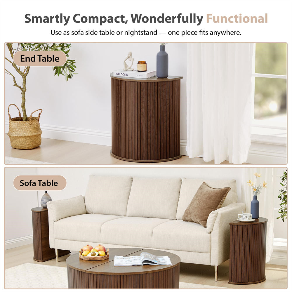 Wooden side table used as a sofa table and end table in a living room setting.