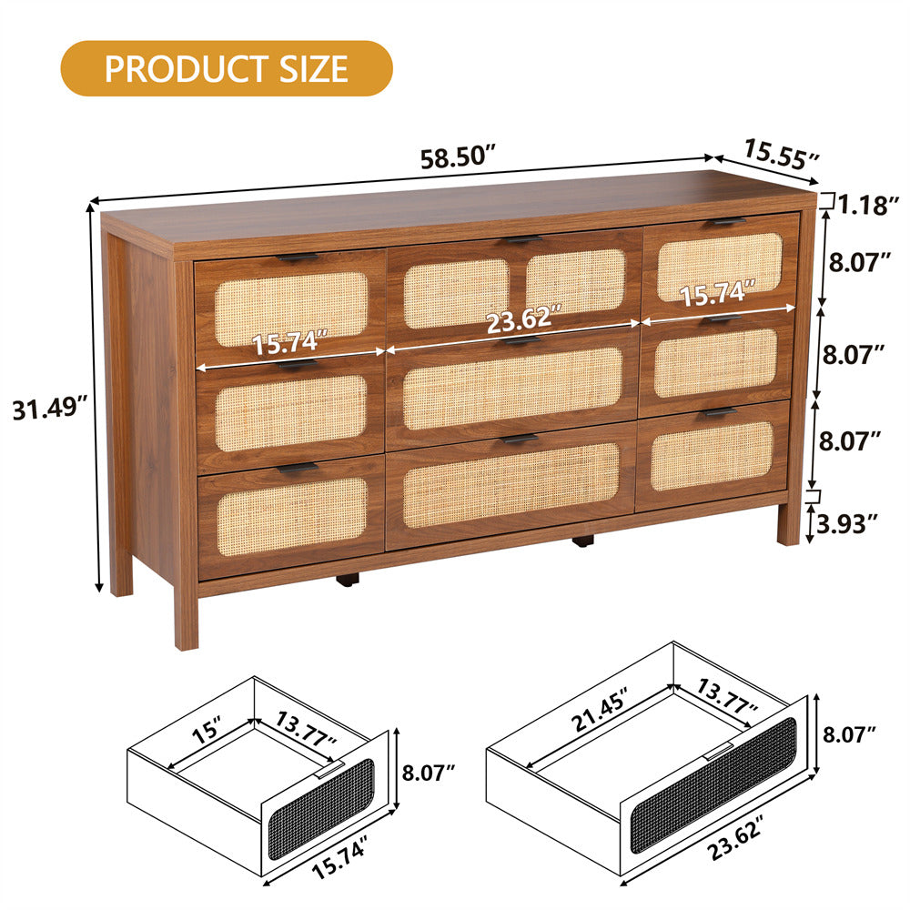 Walnut Rattan 9 drawer dressers Size