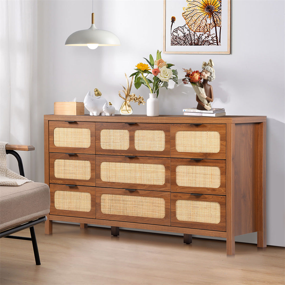 Walnut Rattan 9 drawer dressers