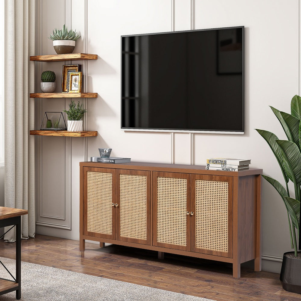 Walnut Rattan Sideboard Buffer Cabinet with 4 Doors