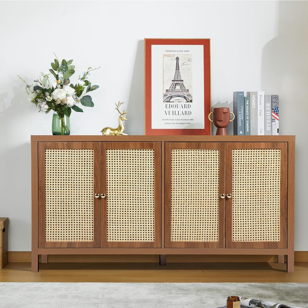Walnut Rattan Sideboard Buffer Cabinet with 4 Doors