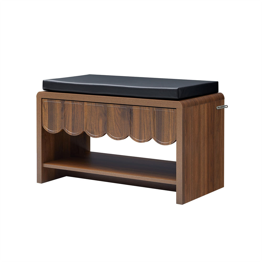 Wooden bench with black cushion on a white background
