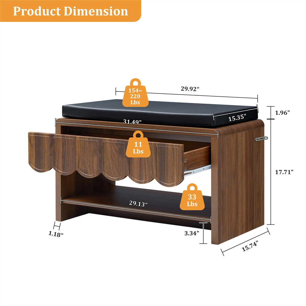 Wooden storage bench with black cushion, dimensions, weight, and material information displayed.