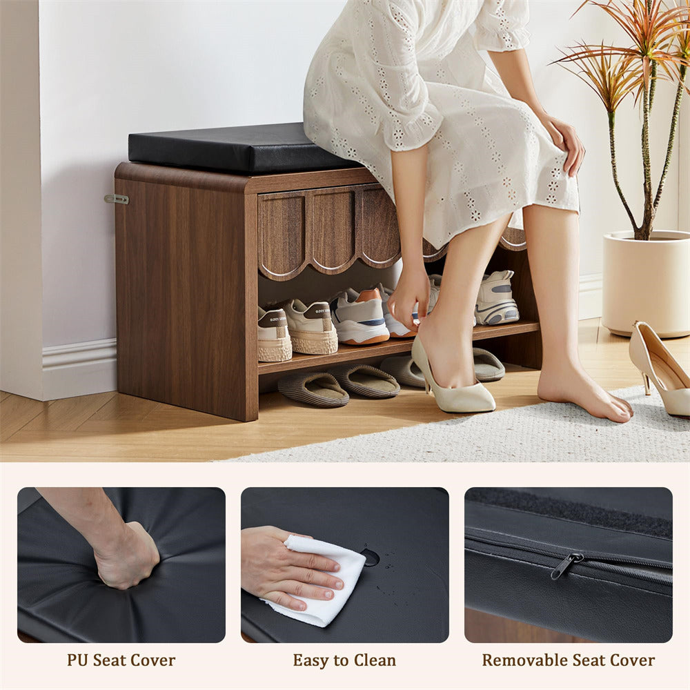 Wooden shoe storage bench with a person sitting on it, surrounded by shoes, with insets showing features like a PU seat cover and easy cleaning.