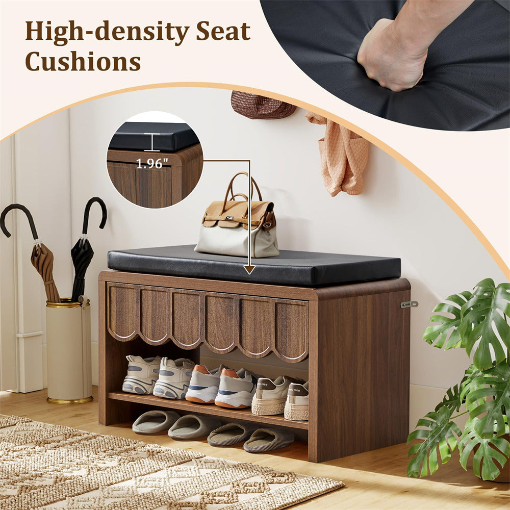 Wooden shoe storage bench with cushioned seat, shoes, and bags on a wooden floor.