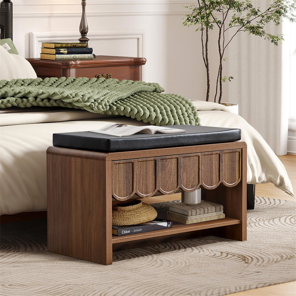 Wooden bench with storage compartments in a bedroom setting