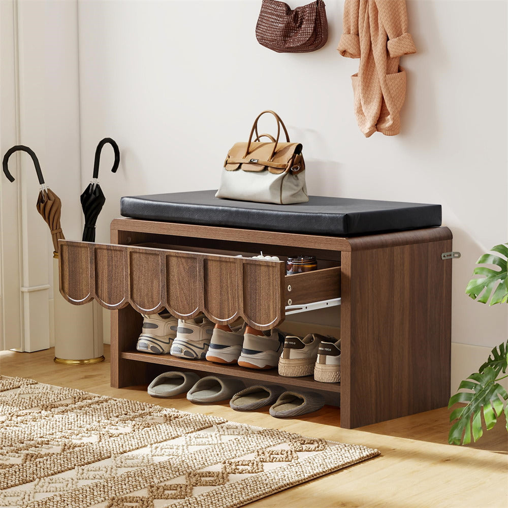 Wooden shoe bench with storage compartments, shoes, and bags in a room setting.