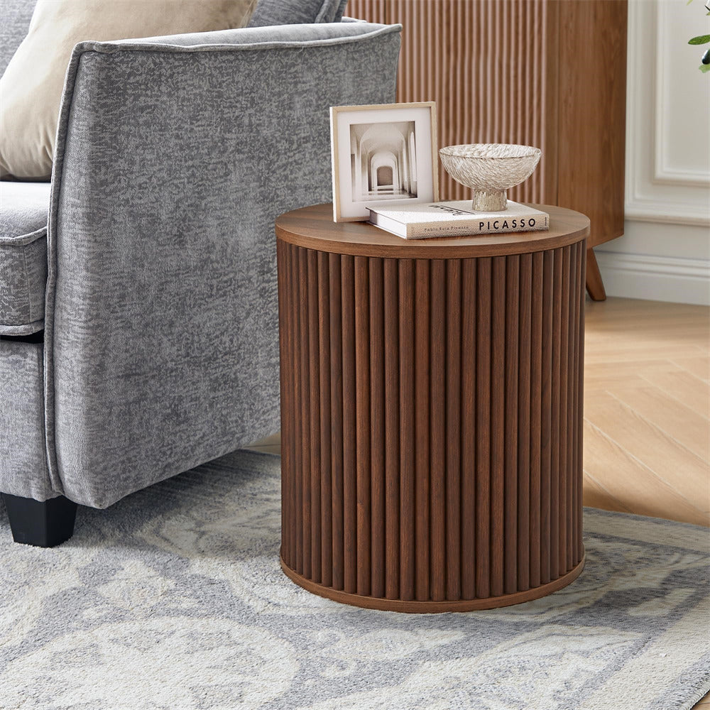 Walnut Small Round Side Table Fluted Night Stand Set of 2