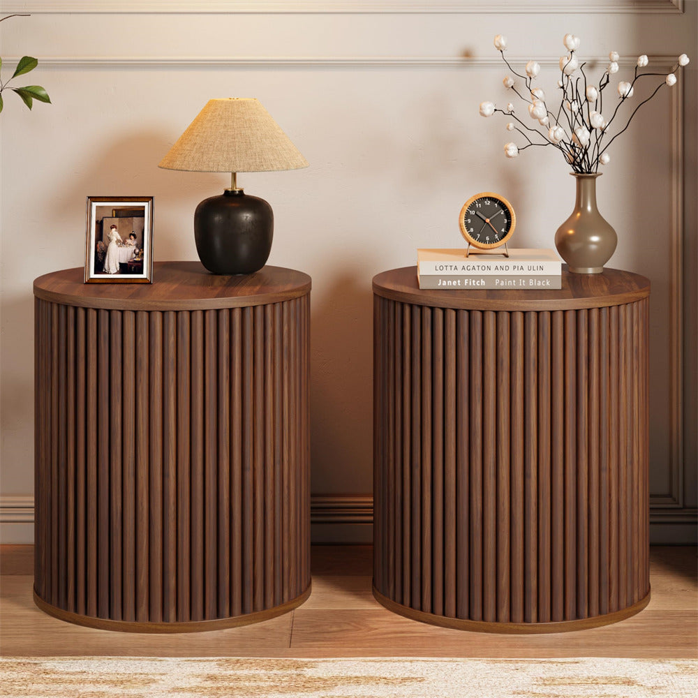 Walnut Small Round Side Table Fluted Night Stand Set of 2