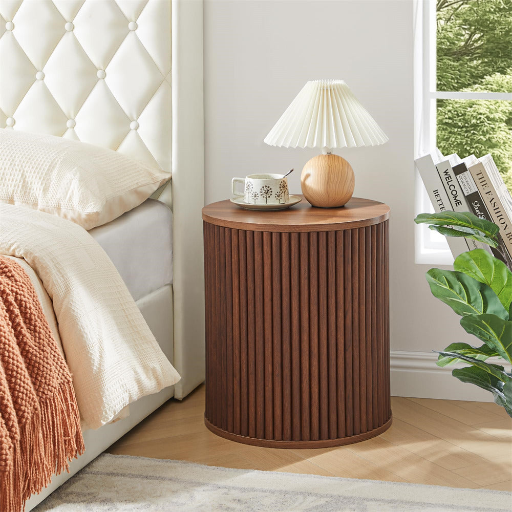 Walnut Small Round Side Table Fluted Night Stand Set of 2