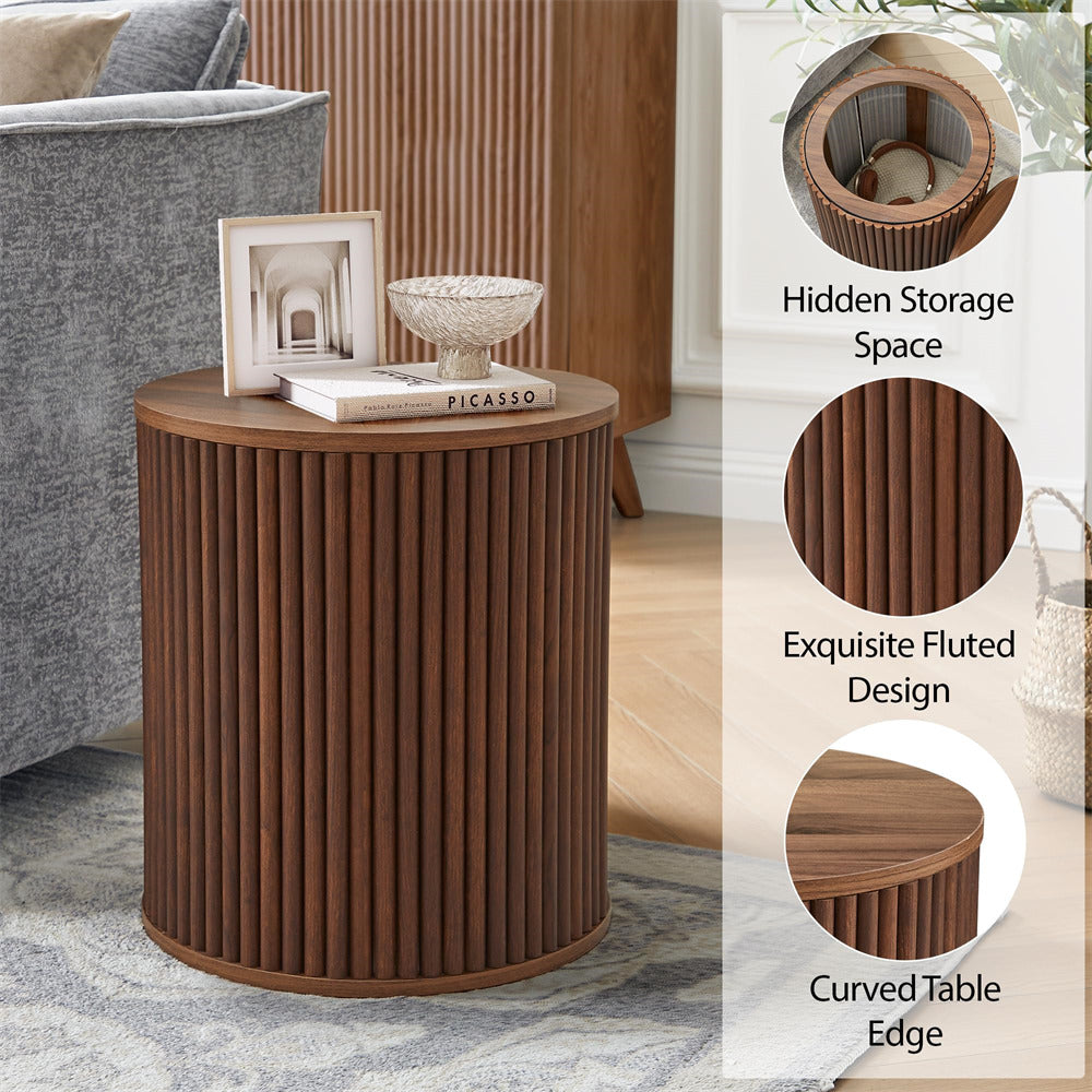 Walnut Small Round Side Table Fluted Night Stand Set of 2