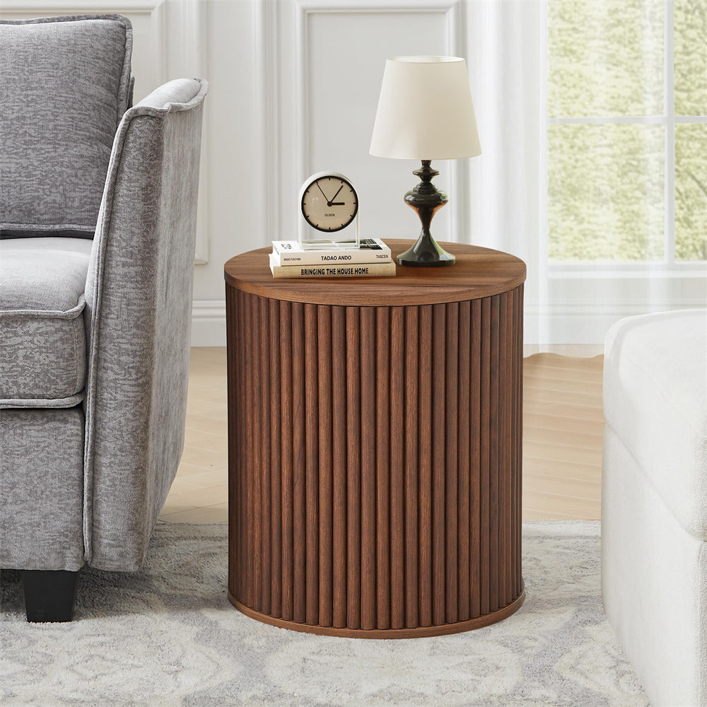 Walnut Small Round Side Table Fluted Night Stand Set of 2