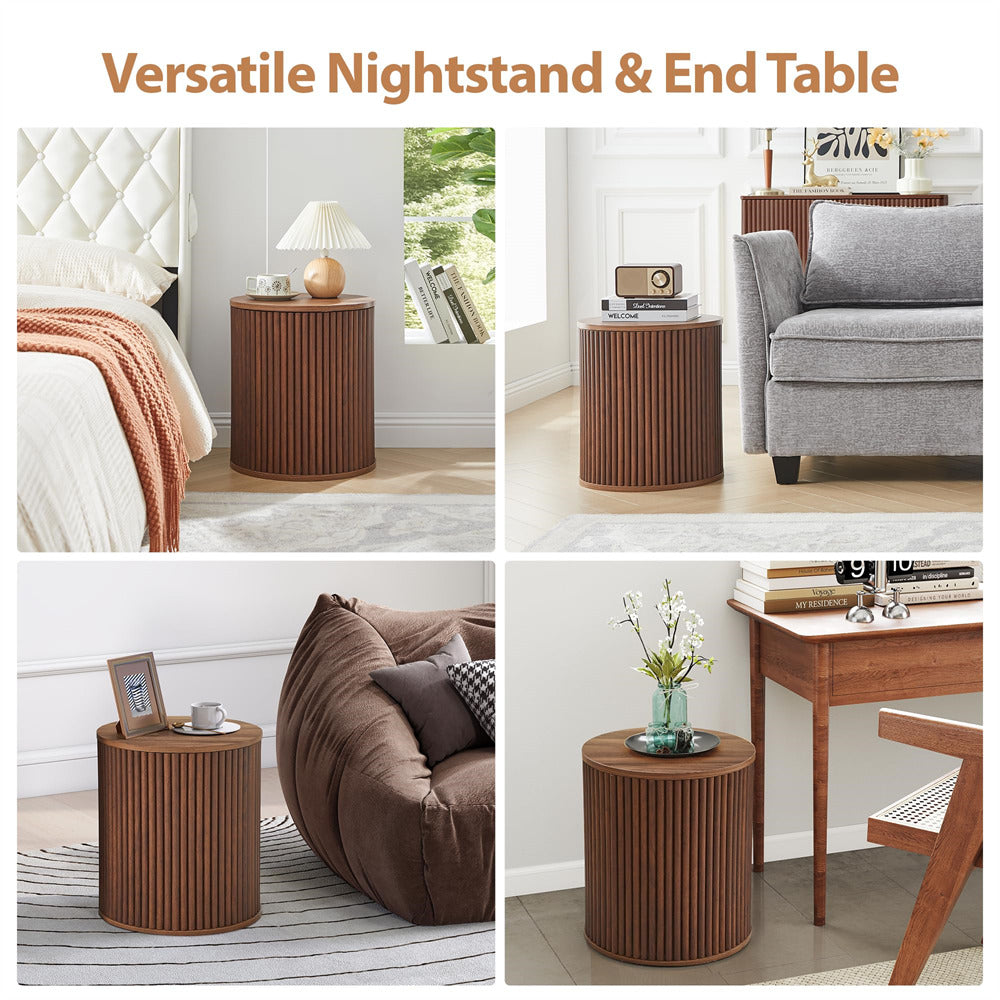 Walnut Small Round Side Table Fluted Night Stand Set of 2
