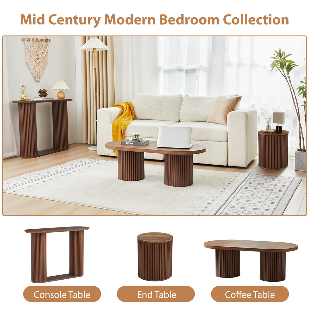 Walnut Small Round Side Table Fluted Night Stand Set of 2