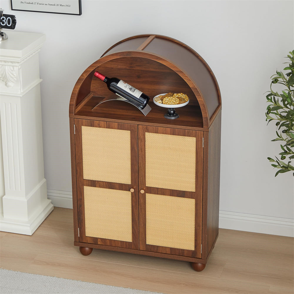 Walnut Wood Arched Sideboard Storage Cabinet with 2 Rattan Doors and Adjustable Shelves