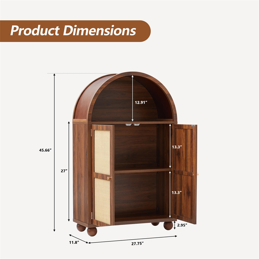 Walnut Wood Arched Sideboard Storage Cabinet with 2 Rattan Doors and Adjustable Shelves