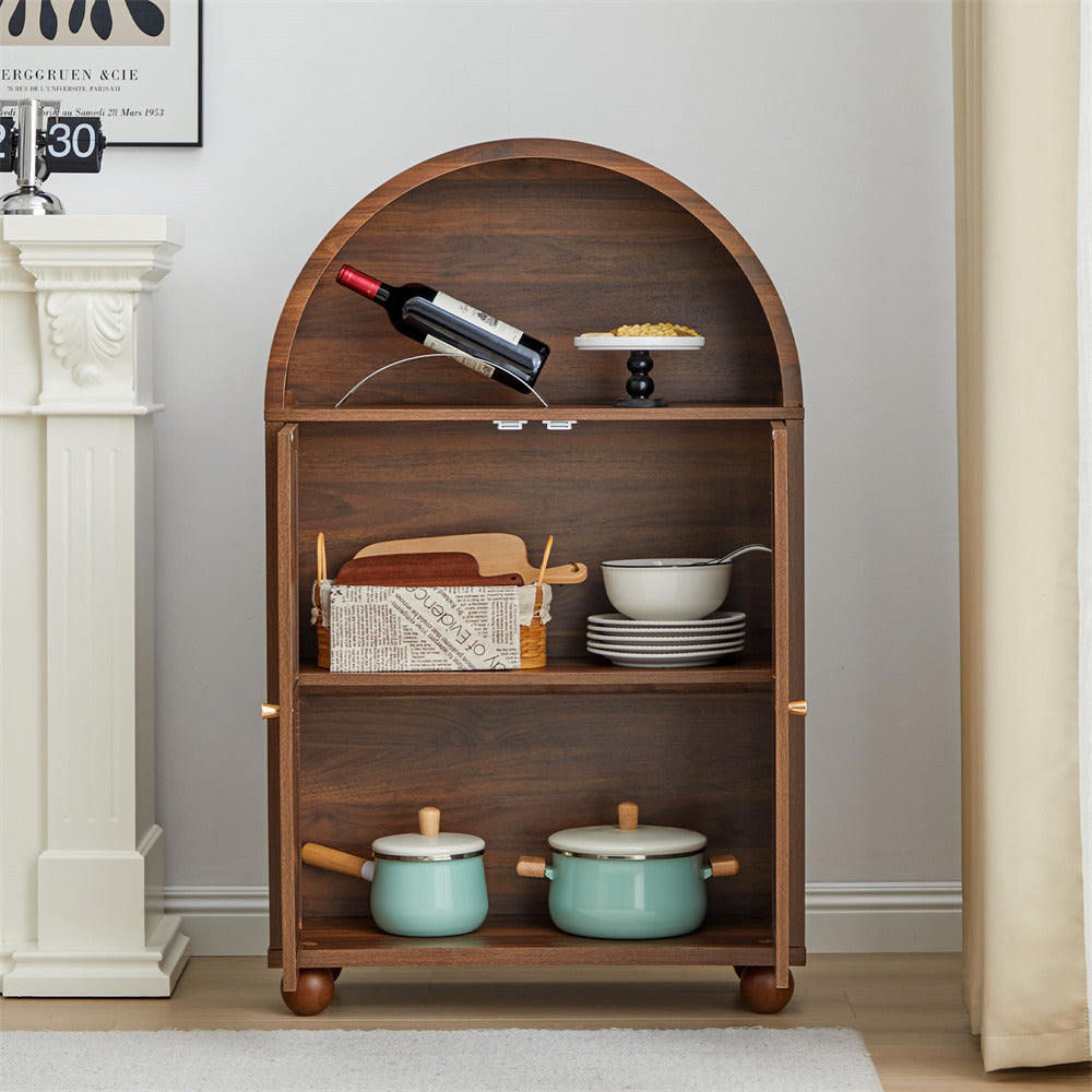 Walnut Wood Arched Sideboard Storage Cabinet with 2 Rattan Doors and Adjustable Shelves
