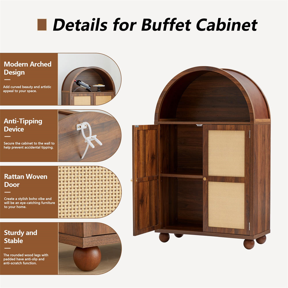 Walnut Wood Arched Sideboard Storage Cabinet with 2 Rattan Doors and Adjustable Shelves