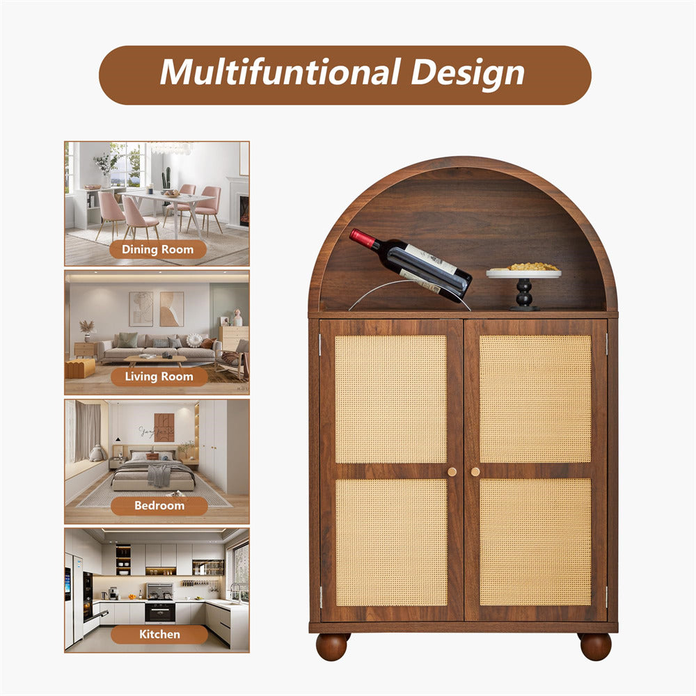Walnut Wood Arched Sideboard Storage Cabinet with 2 Rattan Doors and Adjustable Shelves