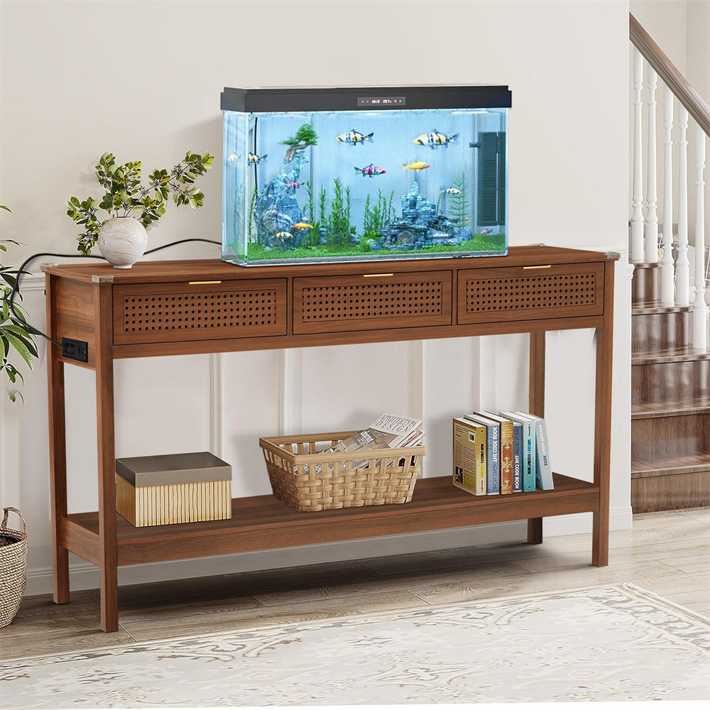 Walnut Wood Entryway Console Table White with Storage and Metal Rattan Drawers