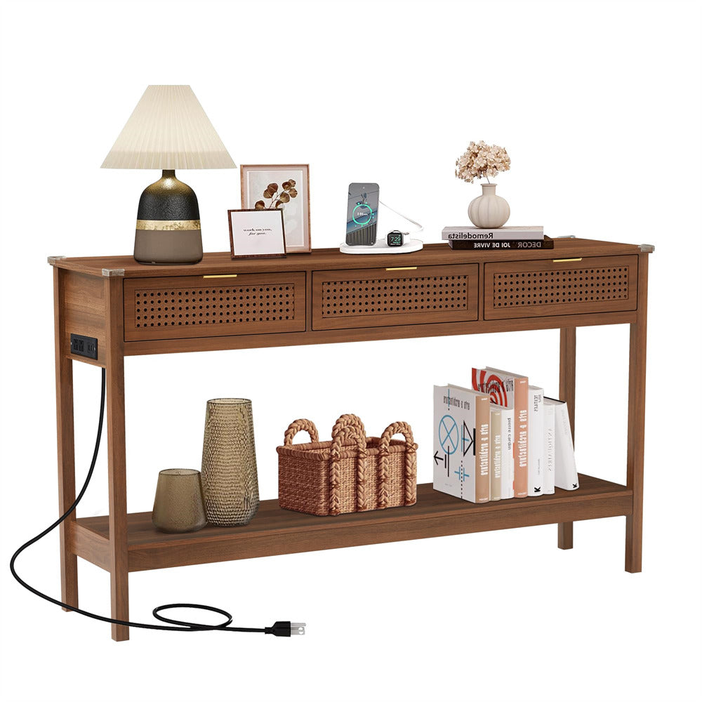 Walnut Wood Entryway Console Table White with Storage and Metal Rattan Drawers