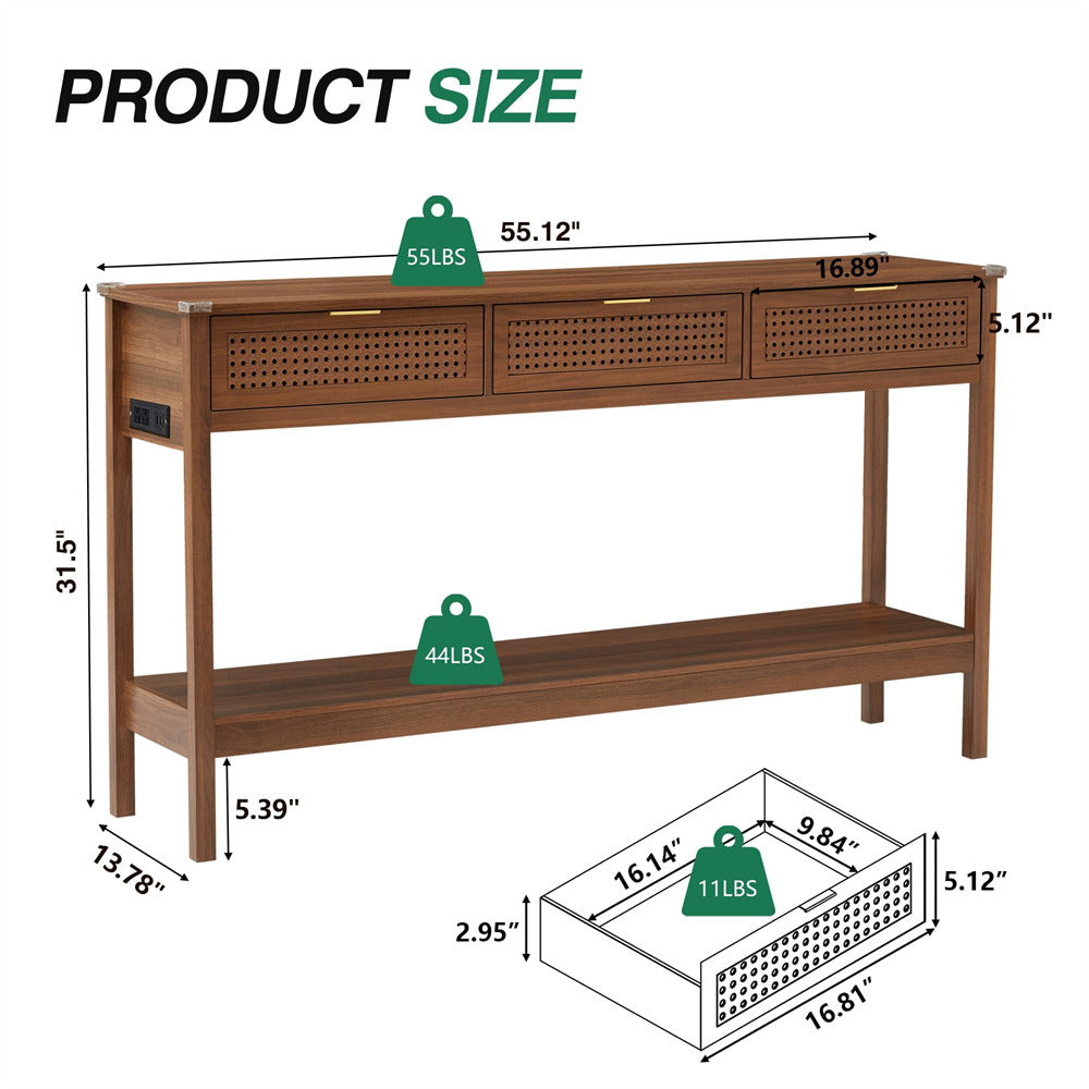 Walnut Wood Entryway Console Table White with Storage and Metal Rattan Drawers