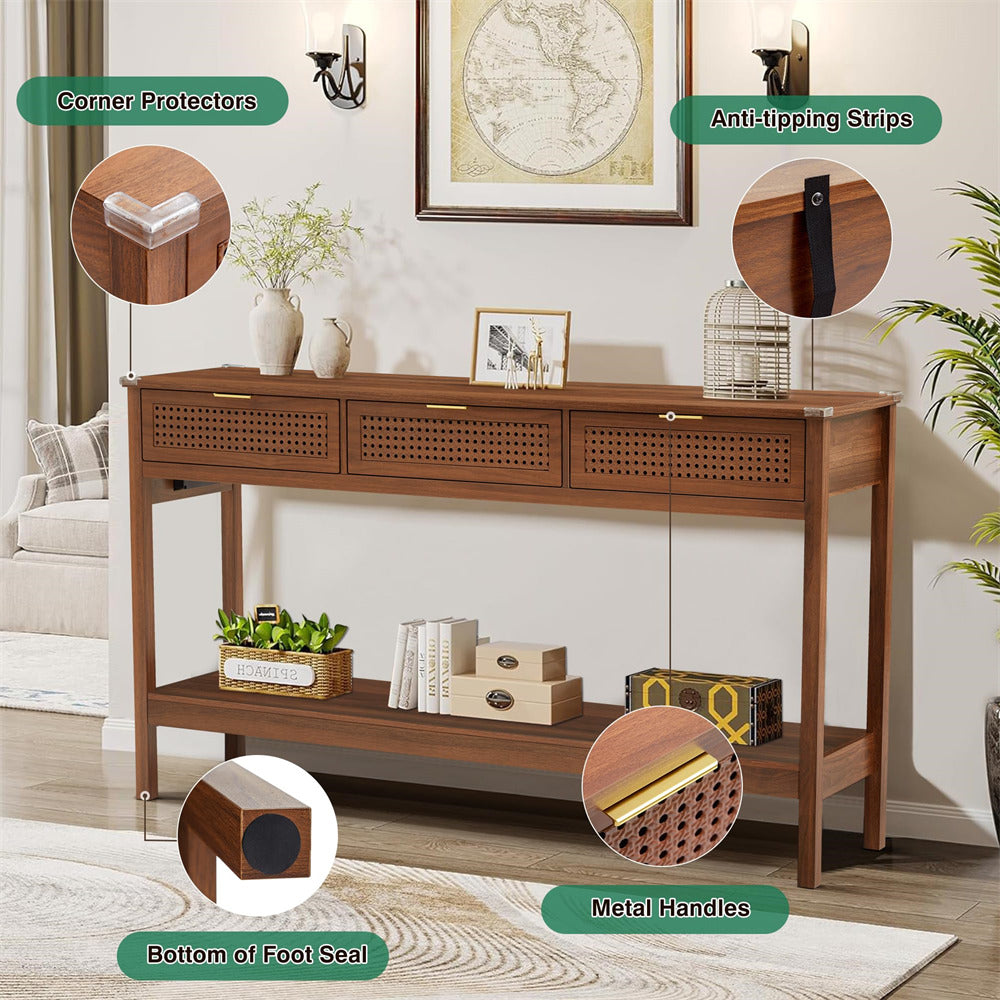 Walnut Wood Entryway Console Table White with Storage and Metal Rattan Drawers
