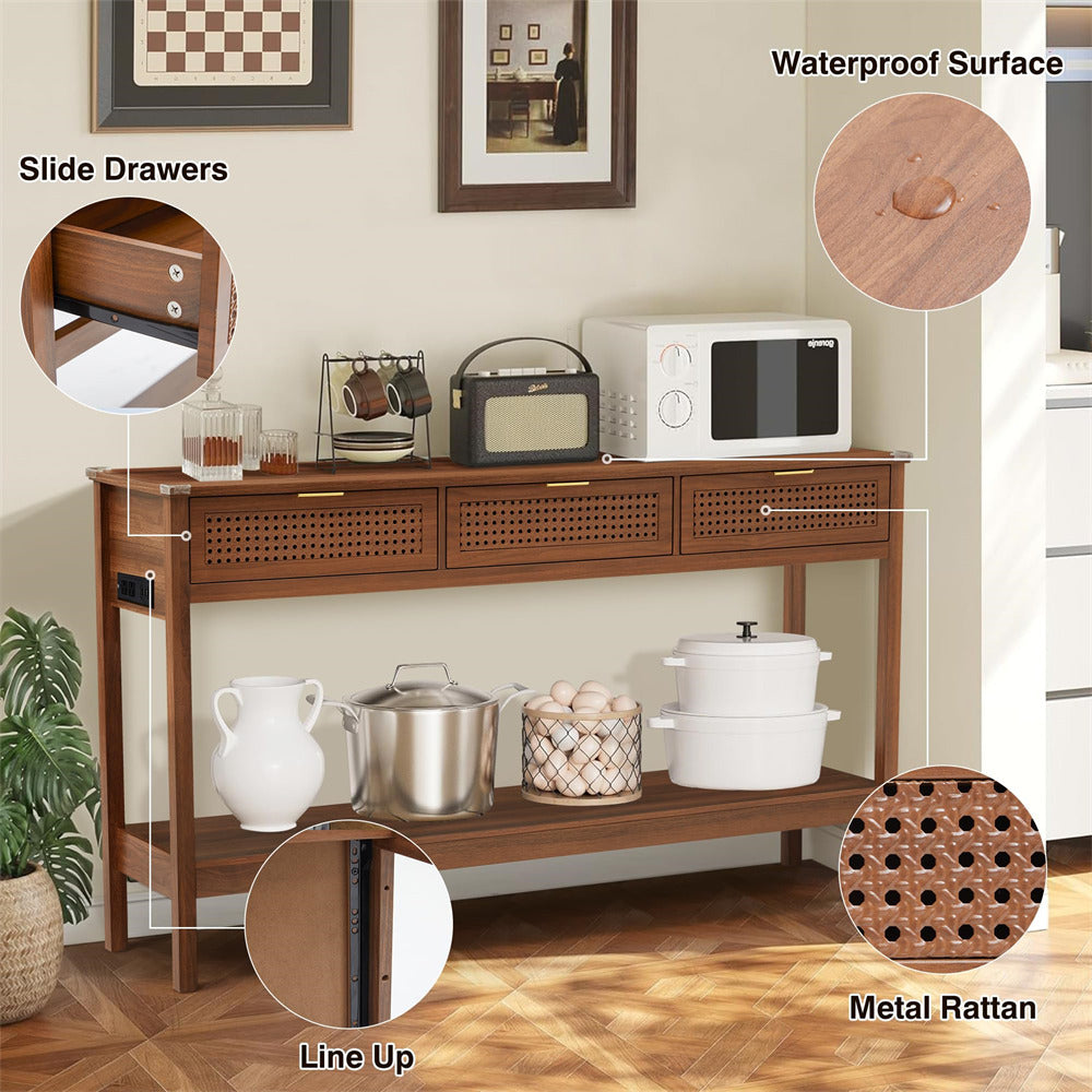 Walnut Wood Entryway Console Table White with Storage and Metal Rattan Drawers