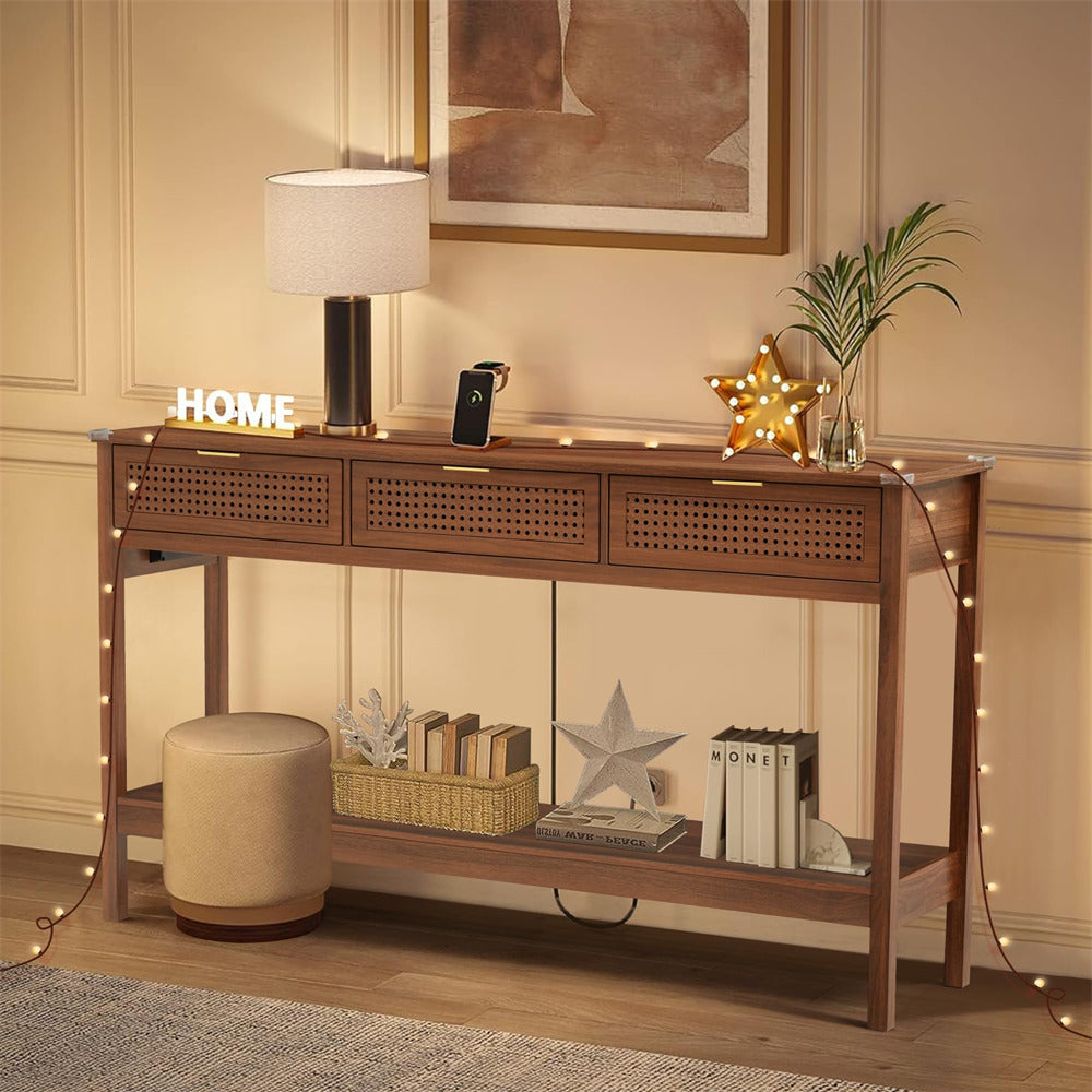Walnut Wood Entryway Console Table White with Storage and Metal Rattan Drawers