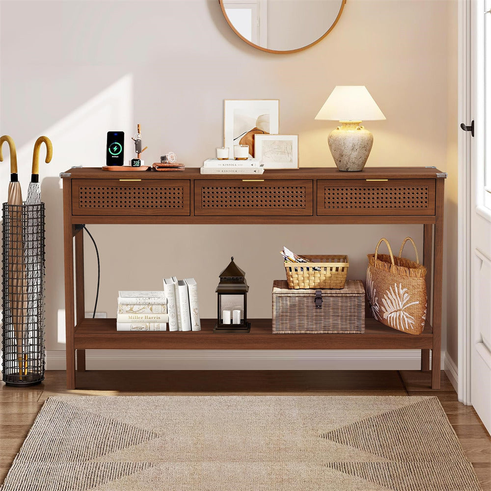 Walnut Wood Entryway Console Table White with Storage and Metal Rattan Drawers