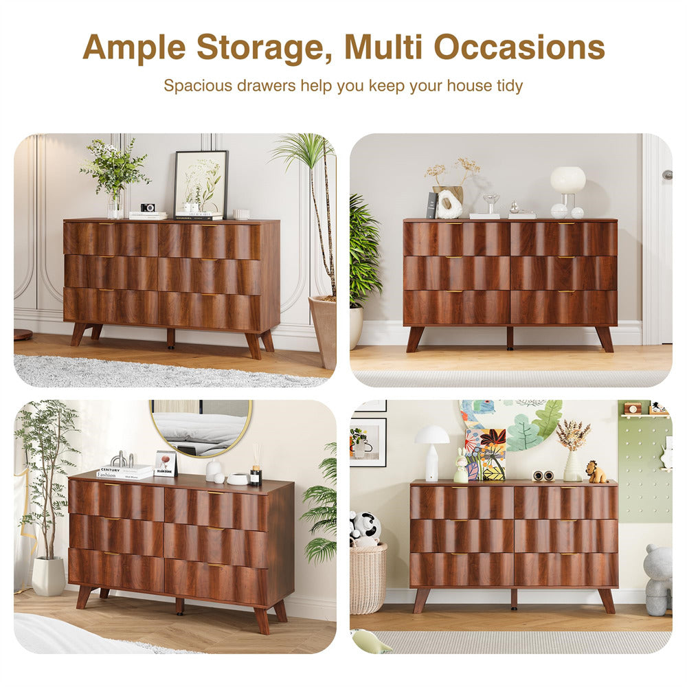 Walnut Wood Fluted 6 Drawer Dresser Storage Accent Cabinet with Metal Handles