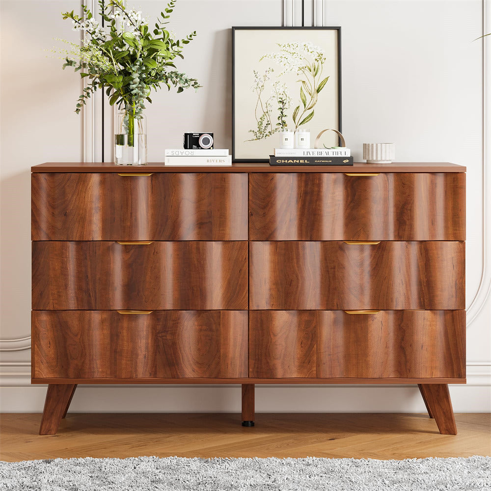 Walnut Wood Fluted 6 Drawer Dresser Storage Accent Cabinet with Metal Handles