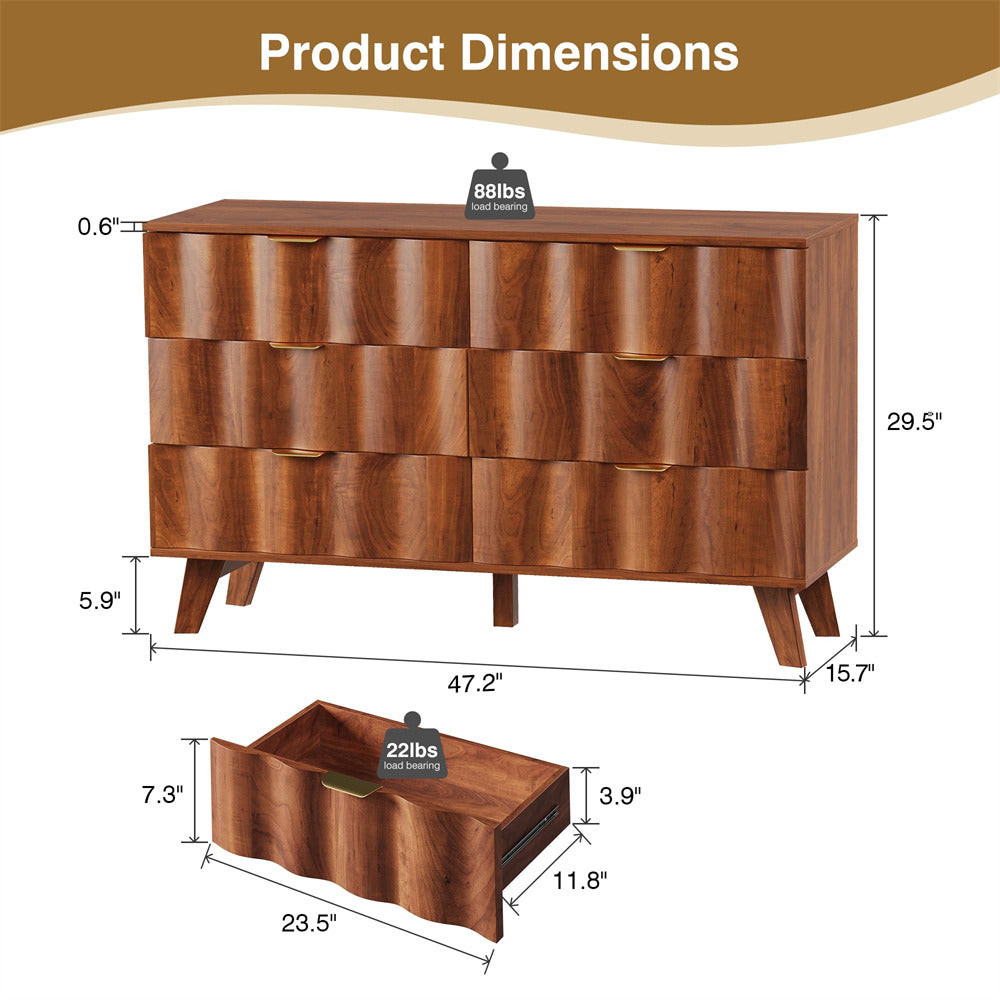 Walnut Wood Fluted 6 Drawer Dresser Storage Accent Cabinet with Metal Handles
