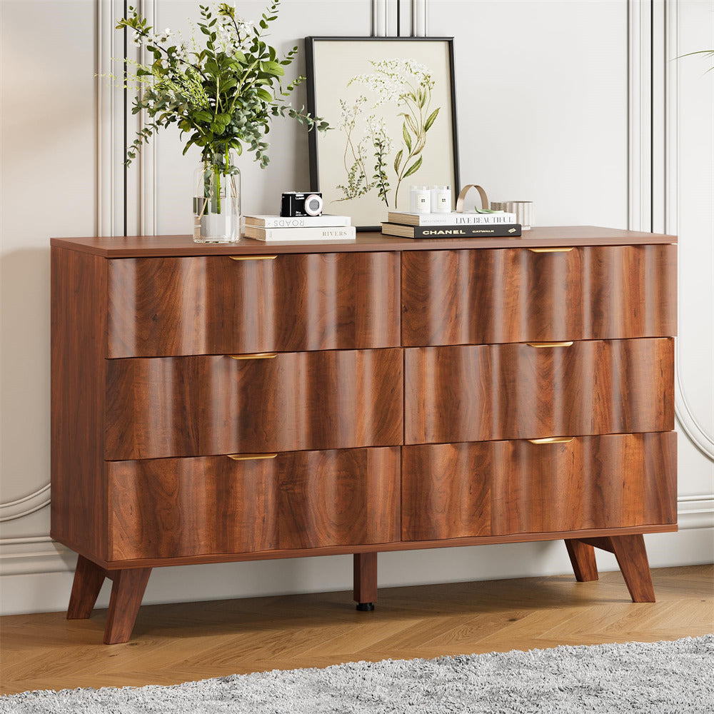 Walnut Wood Fluted 6 Drawer Dresser Storage Accent Cabinet with Metal Handles