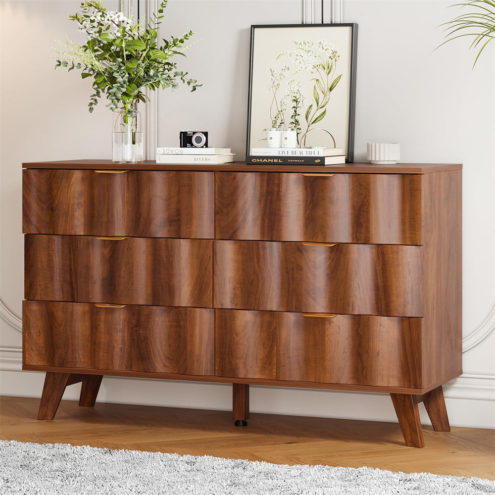 Walnut Wood Fluted 6 Drawer Dresser Storage Accent Cabinet with Metal Handles