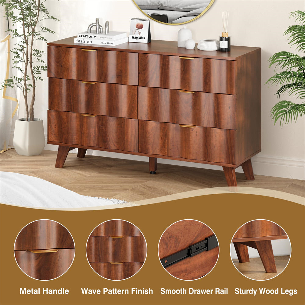 Walnut Wood Fluted 6 Drawer Dresser Storage Accent Cabinet with Metal Handles