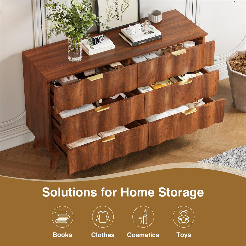 Walnut Wood Fluted 6 Drawer Dresser Storage Accent Cabinet with Metal Handles
