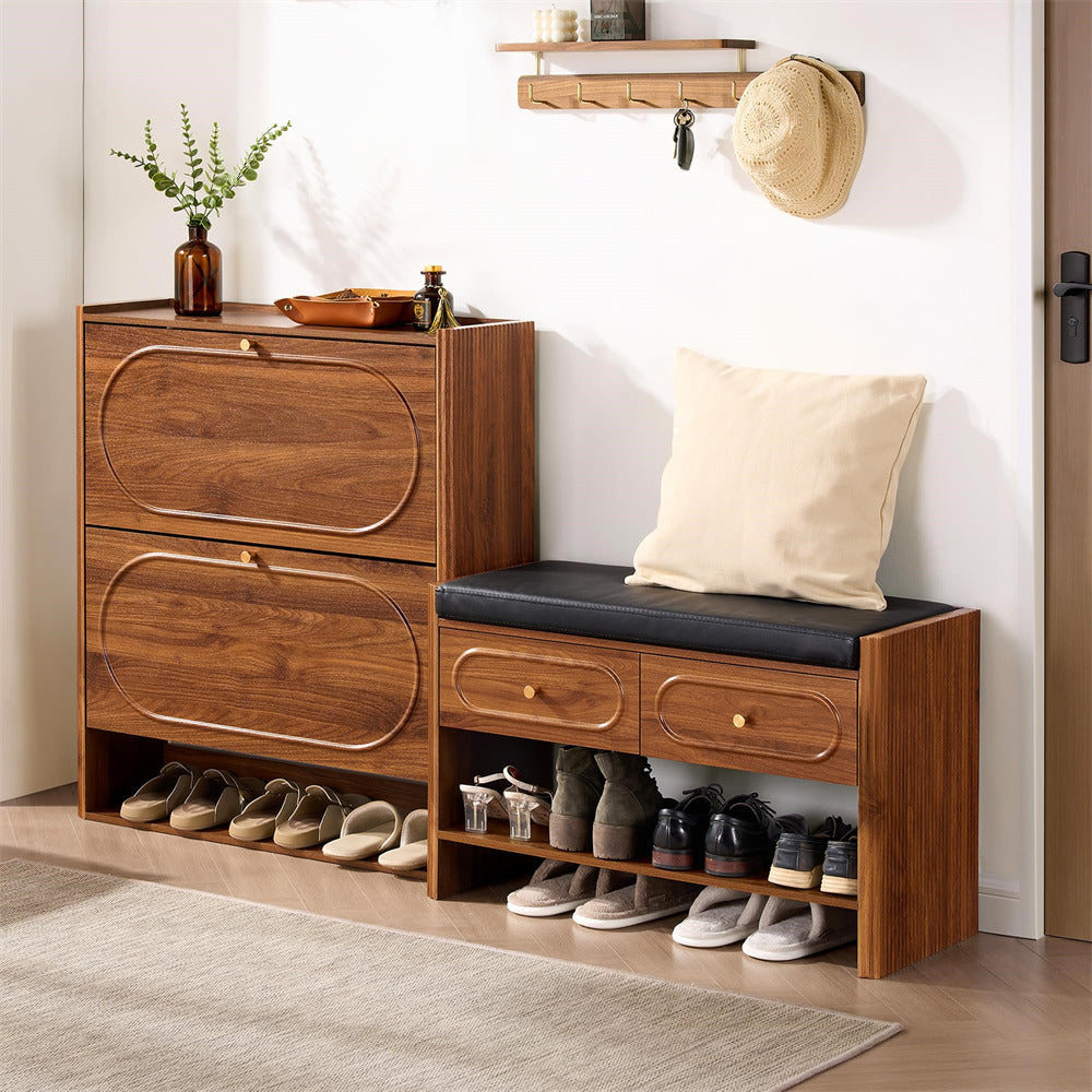 Wooden shoe storage cabinet with bench and shoes in a room setting.