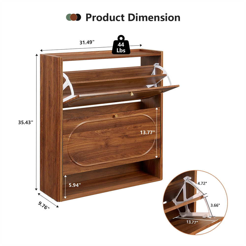 Wooden shoe rack with dimensions and weight label on a white background