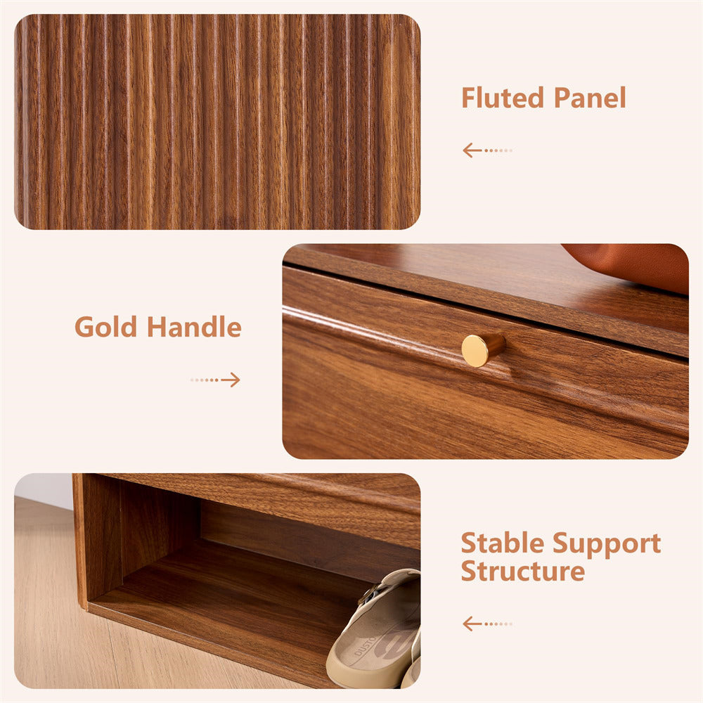 Wooden furniture with fluted panel, gold handle, and stable support structure.