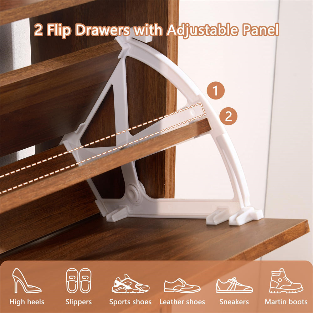 Wooden shelf with white brackets and flip drawers labeled 1 and 2, with icons for different types of shoes below.