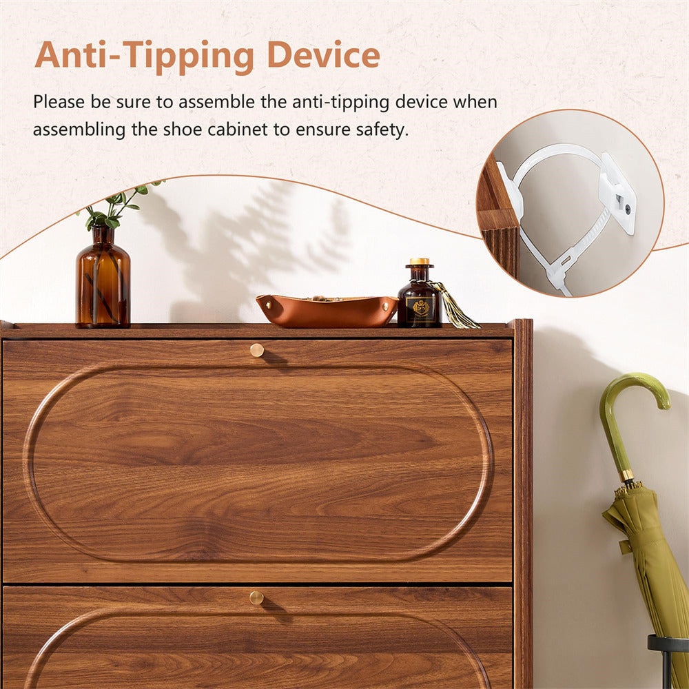 Wooden shoe cabinet with anti-tipping device and safety instructions on a neutral background