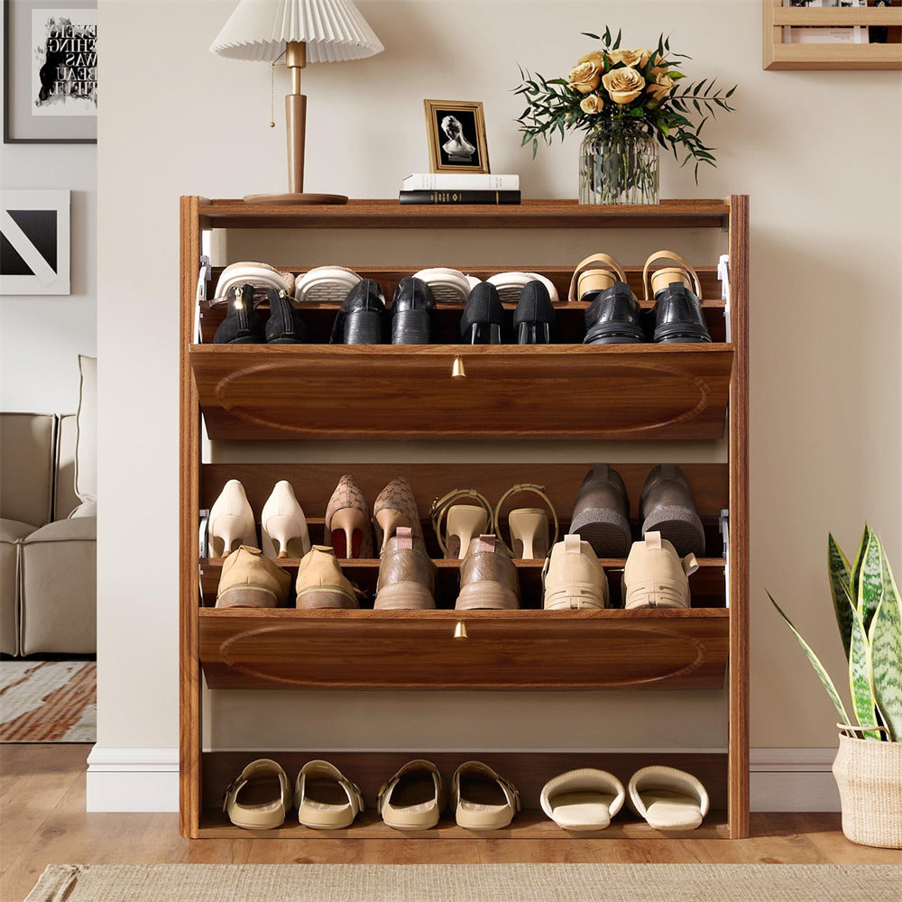 Wooden shoe rack with shoes in a room setting