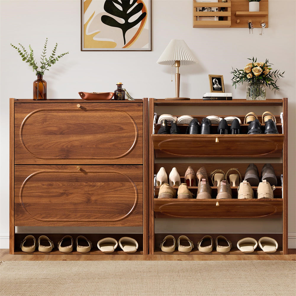 Wooden shoe cabinet with shoes on shelves in a room setting.